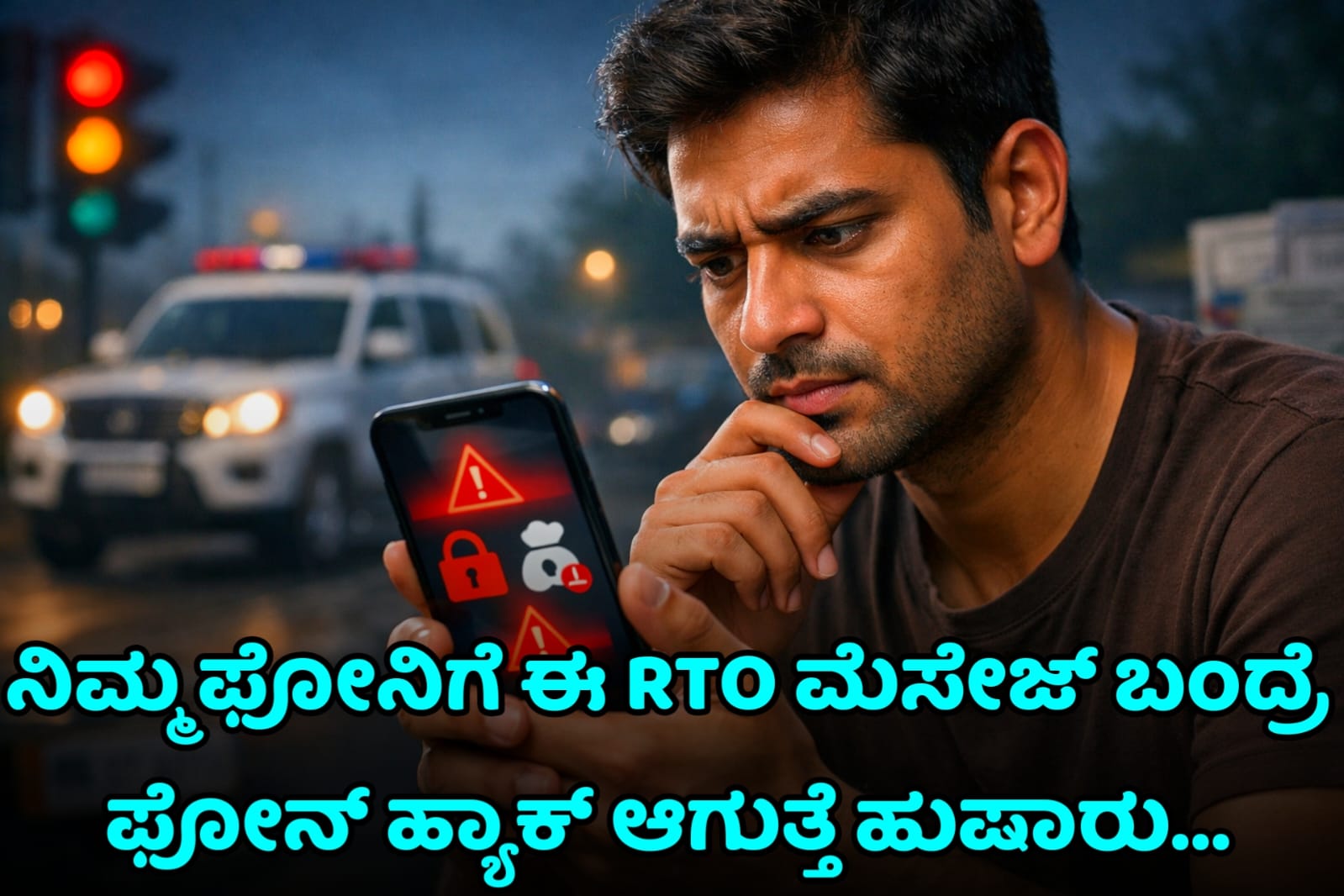 Fake RTO Challan WhatsApp message scam alert with mobile phone showing fraudulent link Kannada